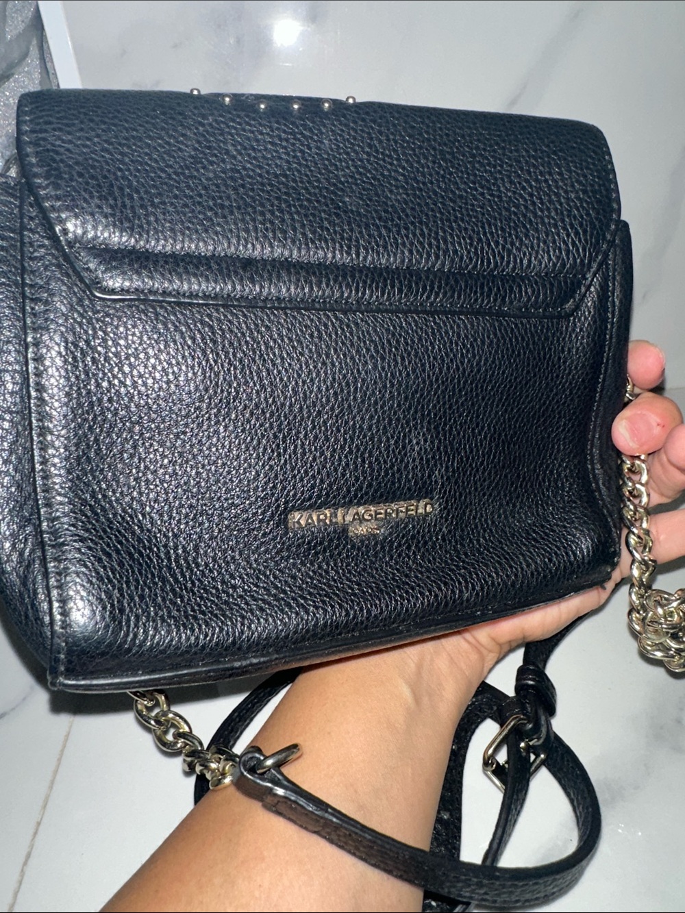 Karl Lagerfeld Black Pebbled Leather Chain Crossbody small purse for a plus
